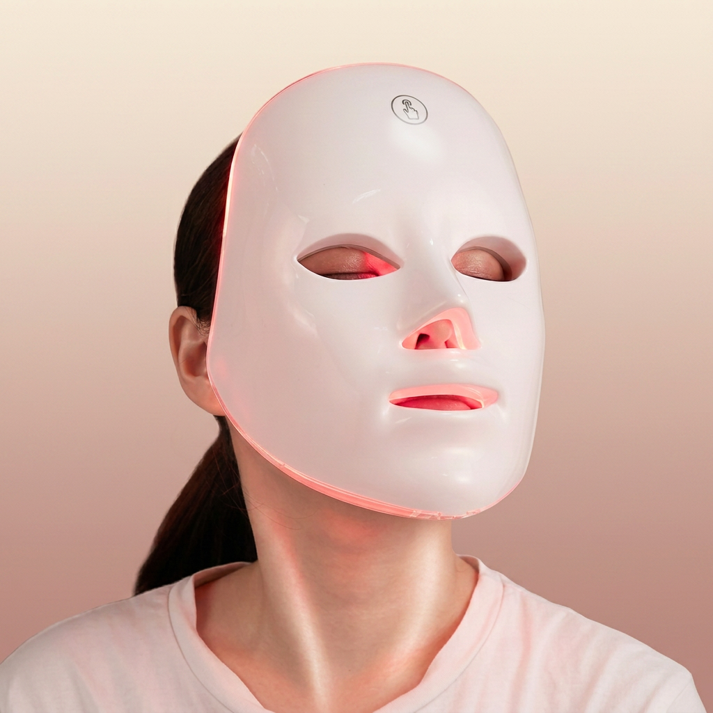 Woman wearing the Reborn Beauty 7-colour LED light therapy face mask
