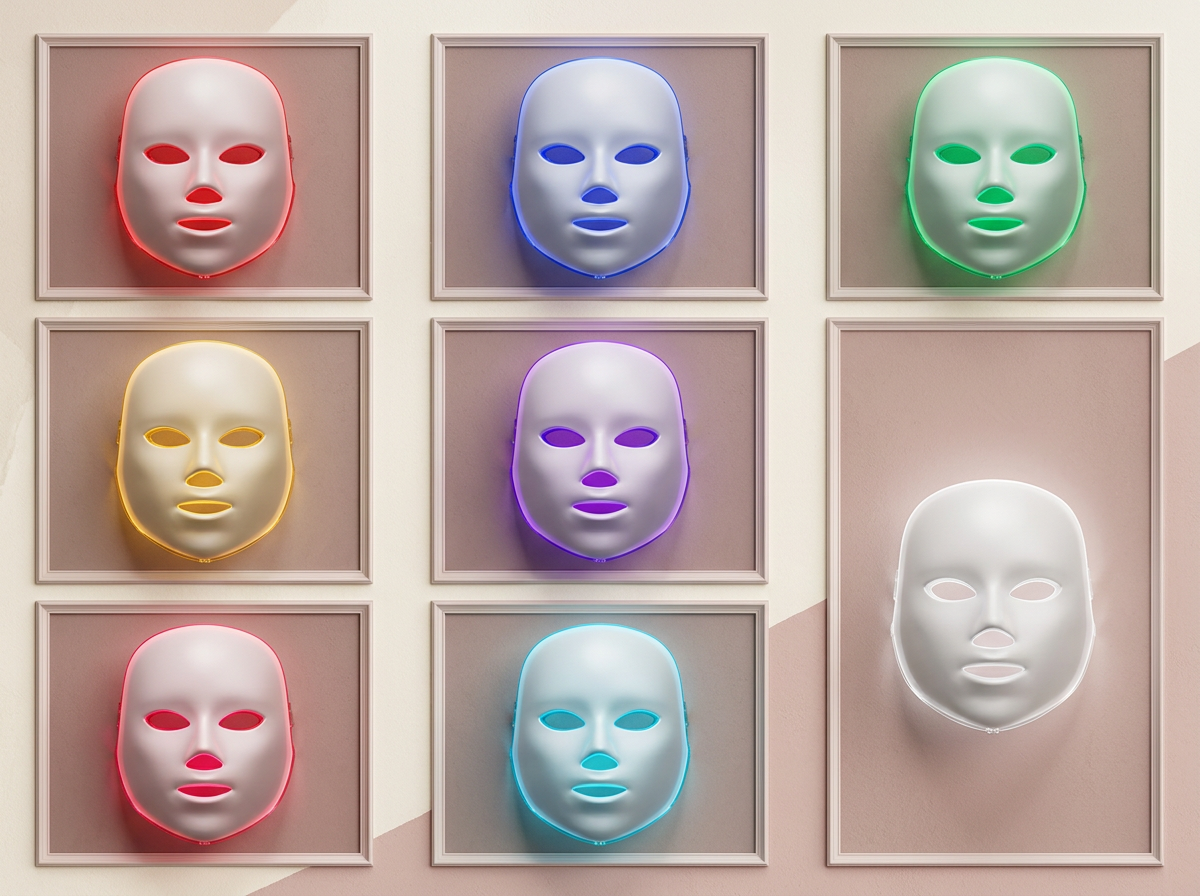 The Reborn 7 LED face mask shown in seven light modes
